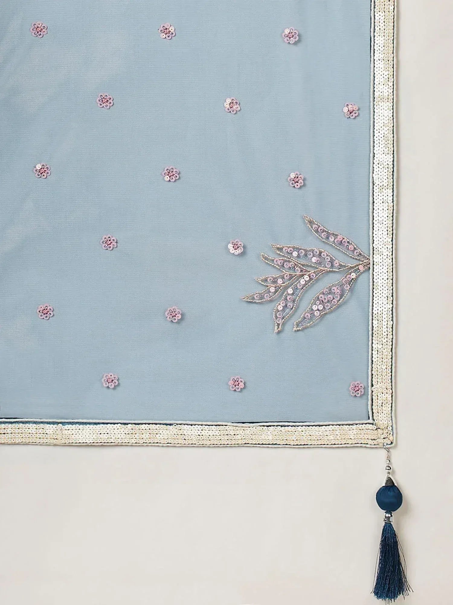 Light blue ethnic dupatta with pink floral sequin embroidery, silver border, and navy tassel detail