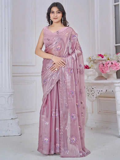Ravishing Pink Sequins Organza Reception Wear Saree With Blouse