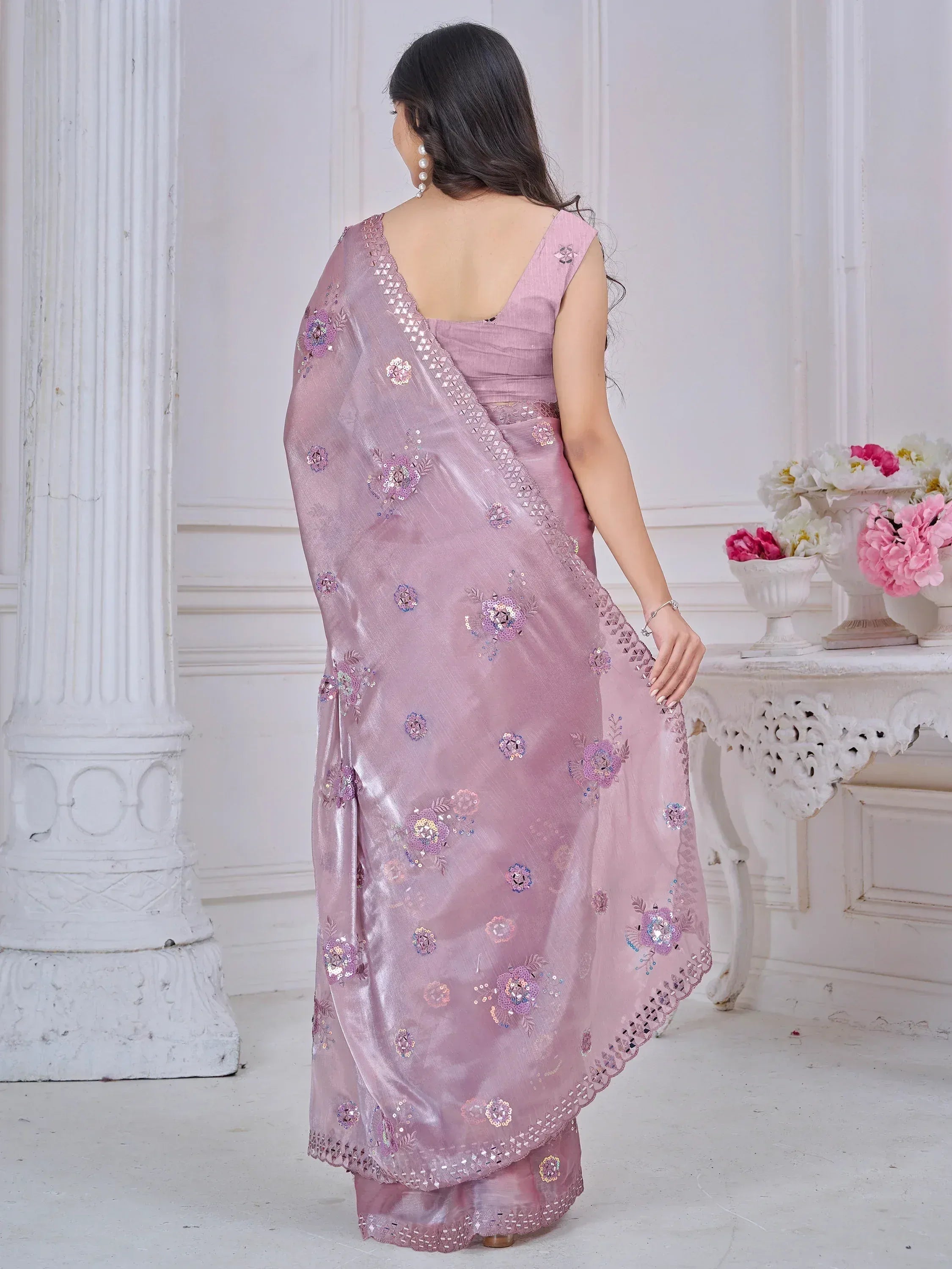 Pink floral sequin saree with backless blouse, elegant Indian ethnic wear for women
