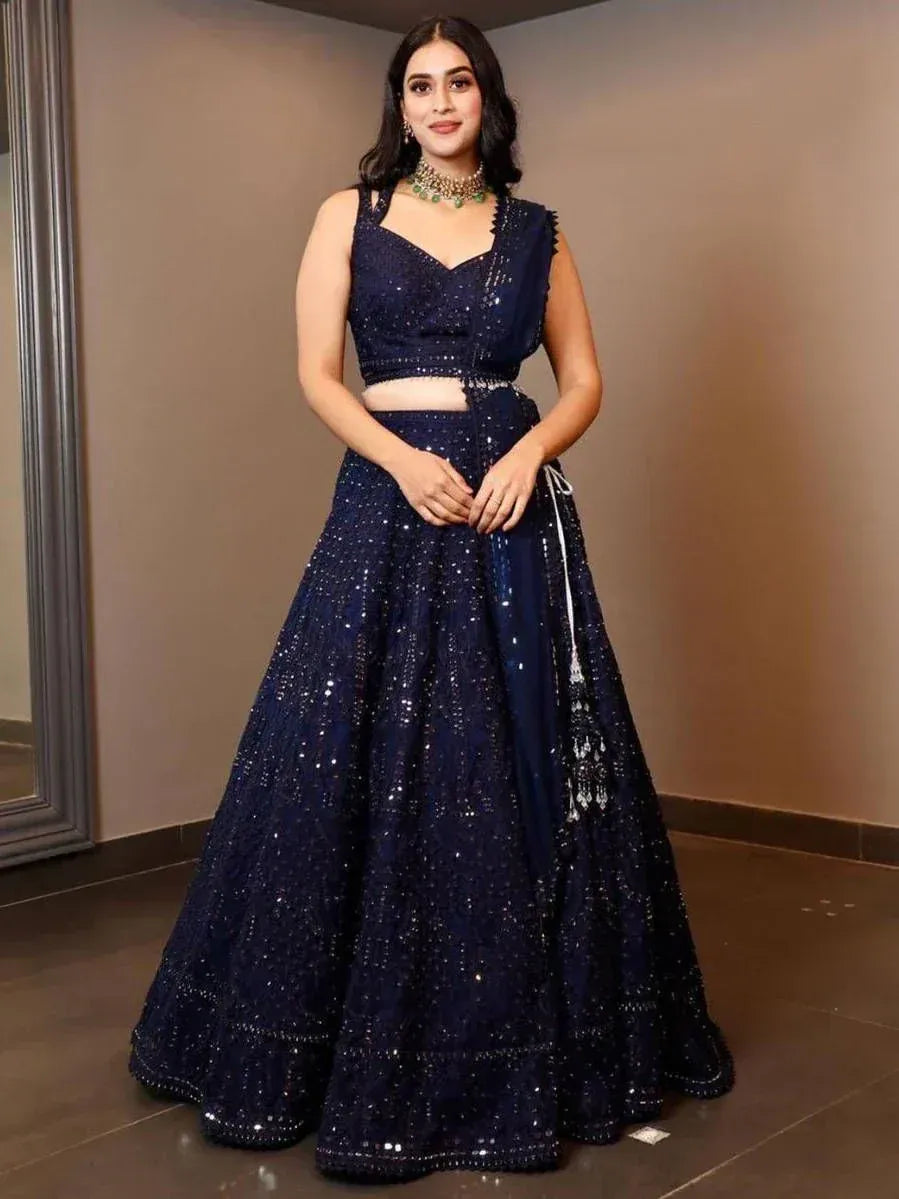 Navy blue designer lehenga choli with sequin work, perfect for Indian ethnic wear events