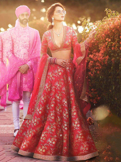Red Embroidery Thai Silk Bridal Lehenga Choli
