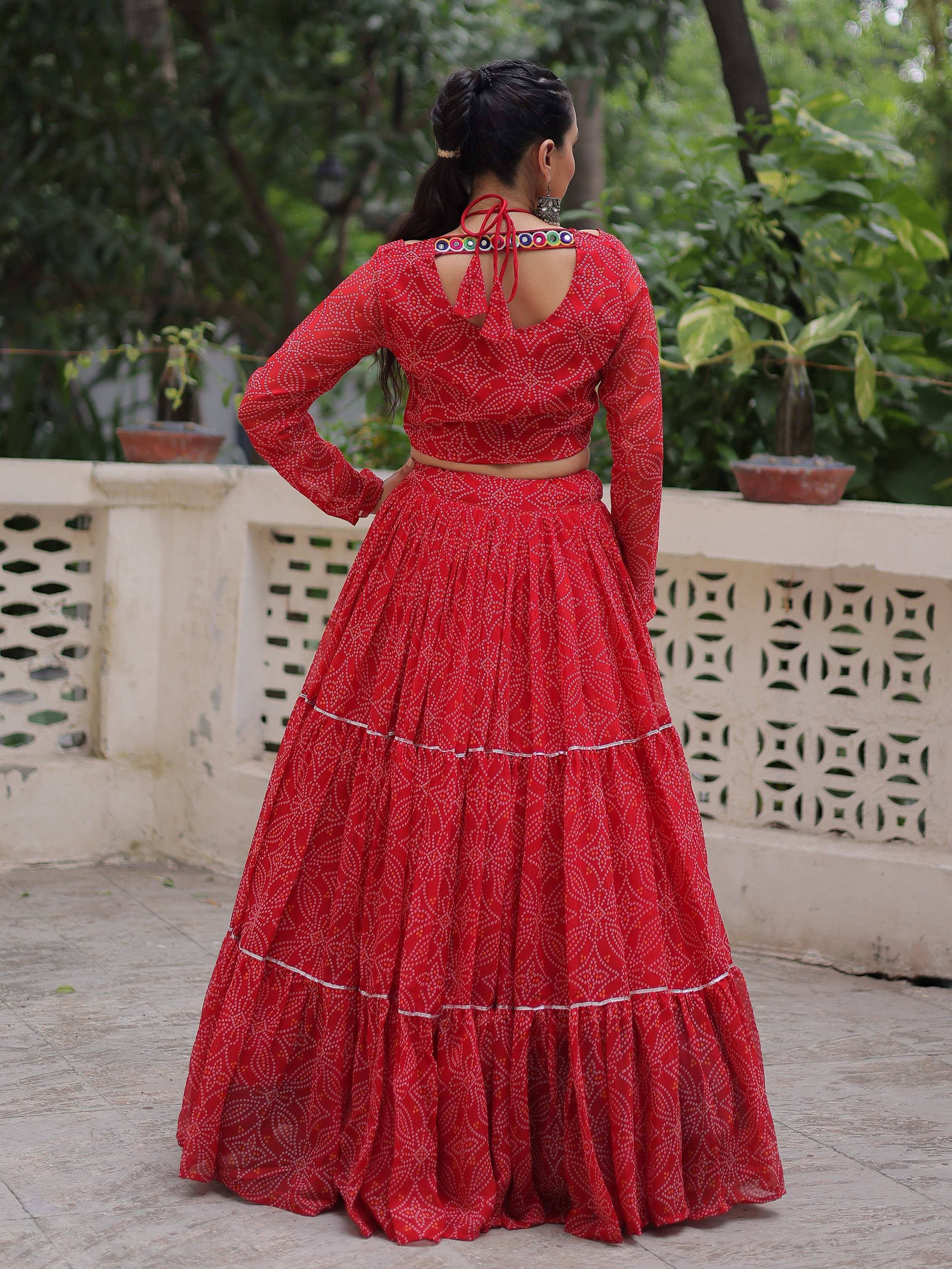 Red printed lehenga choli with mirror work back detail, ethnic Indian wear for women
