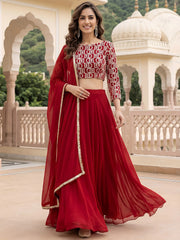 Outstanding Red Embroidered Georgette Function Wear Lehenga Choli