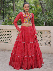 Beautiful Red Gota Patti Work Georgette Navratri Wear Crop Top Lehenga