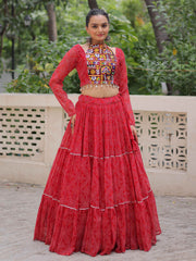 Beautiful Red Gota Patti Work Georgette Navratri Wear Crop Top Lehenga