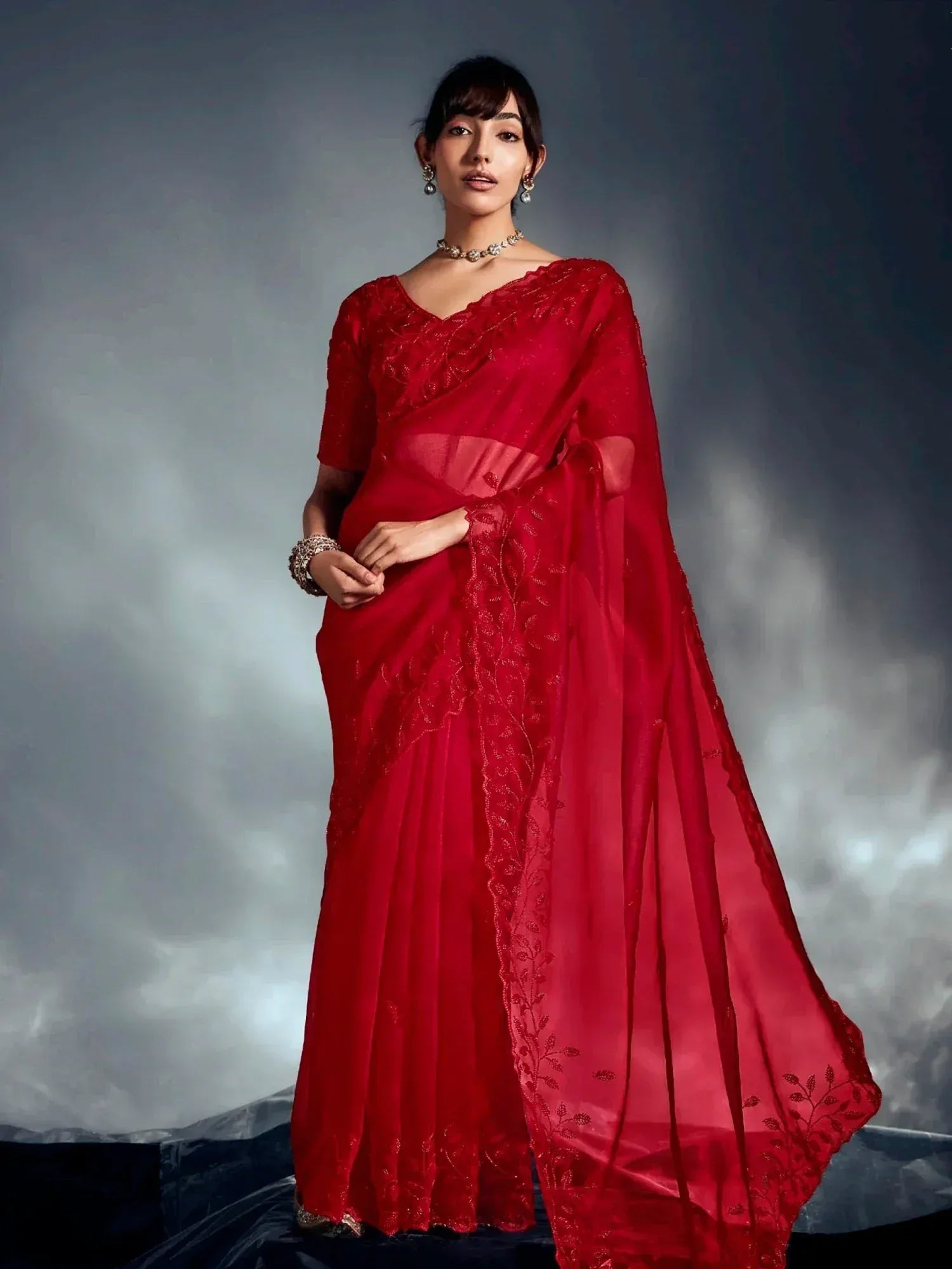 Red embroidered saree with lace detailing, perfect for Indian ethnic wear occasions