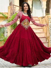 Delicate Red Rayon Gamthi Work Navratri Wear Layered Gown