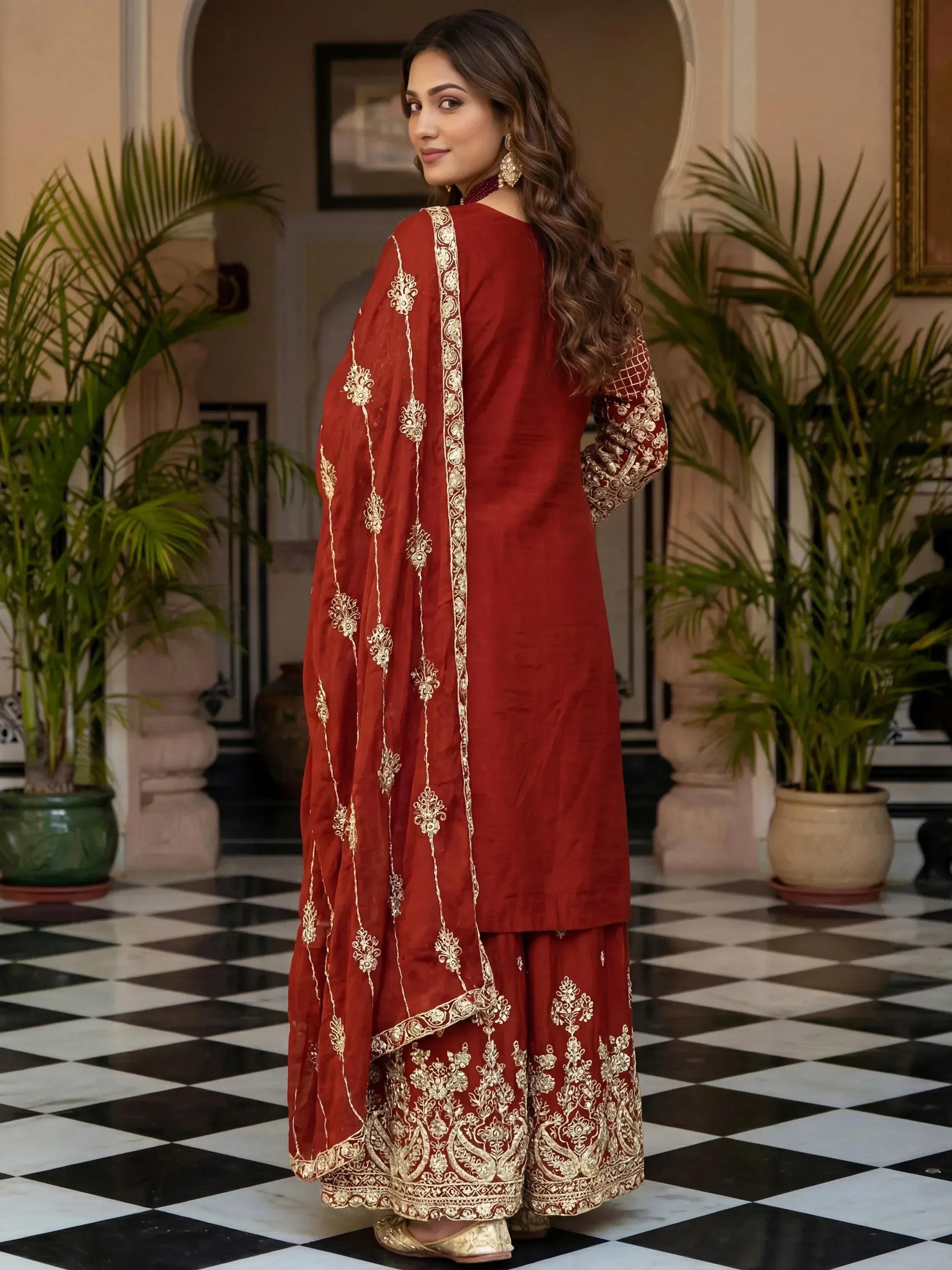 Red ethnic salwar kameez with gold embroidery, perfect for Indian weddings and festive occasions.
