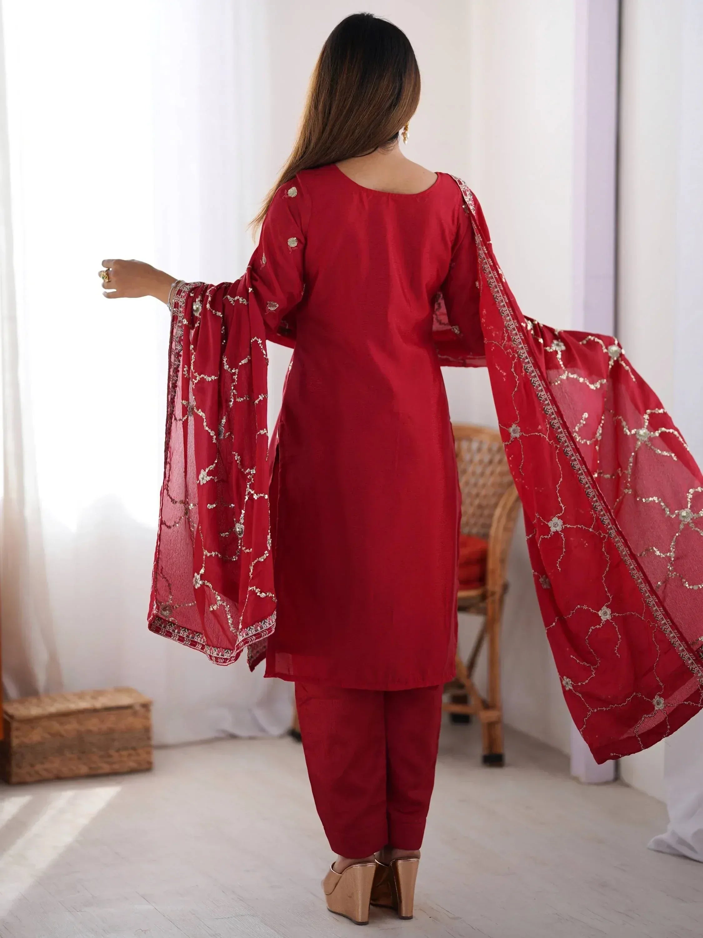Red embroidered salwar kameez with sheer dupatta, ethnic wear for women