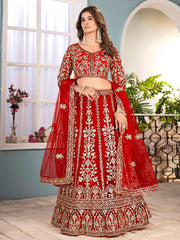 Outstanding Red Net Embroidered Wedding Wear Lehenga Choli