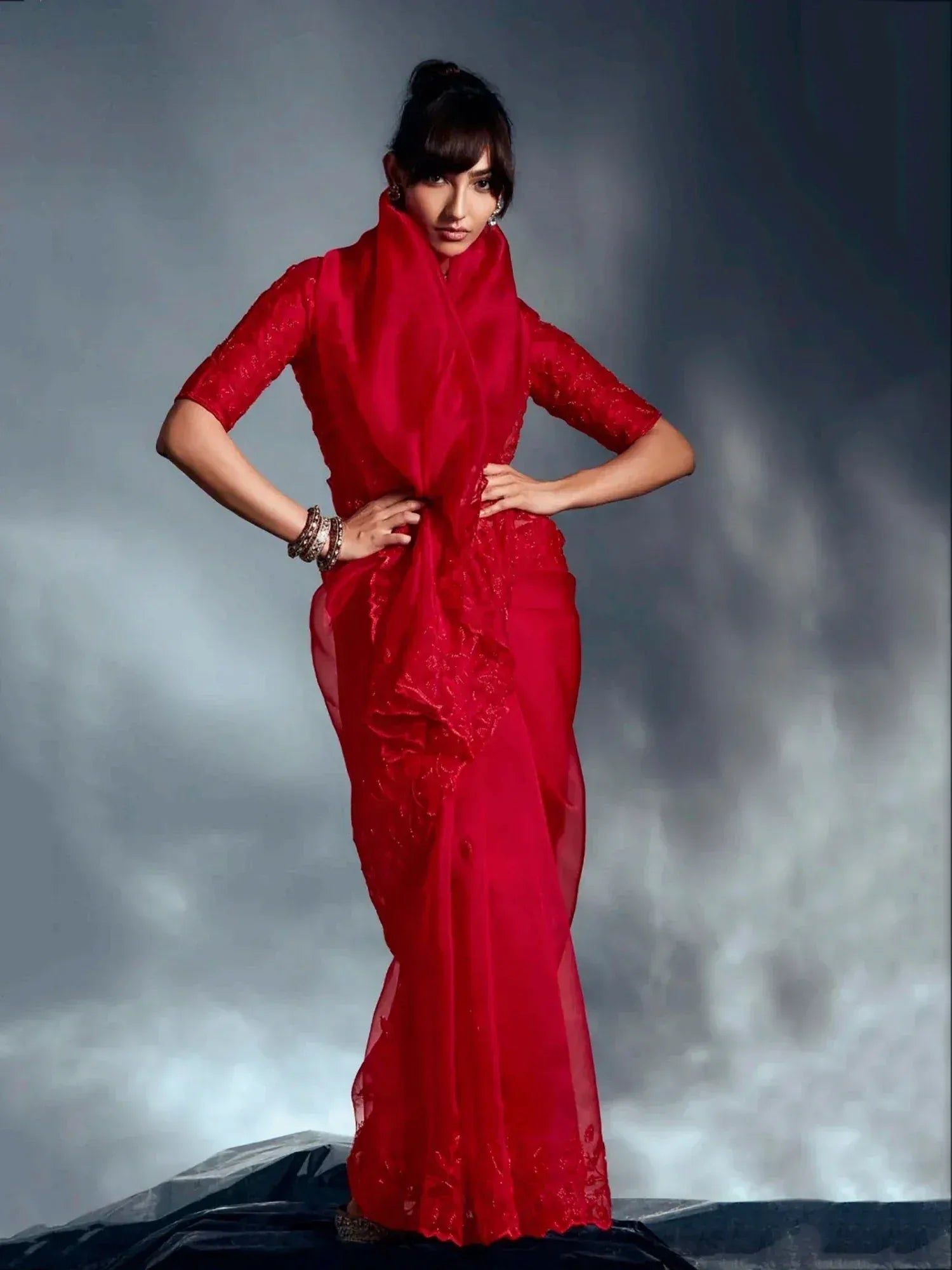 Red lace saree with matching blouse, elegant Indian ethnic wear for weddings and parties
