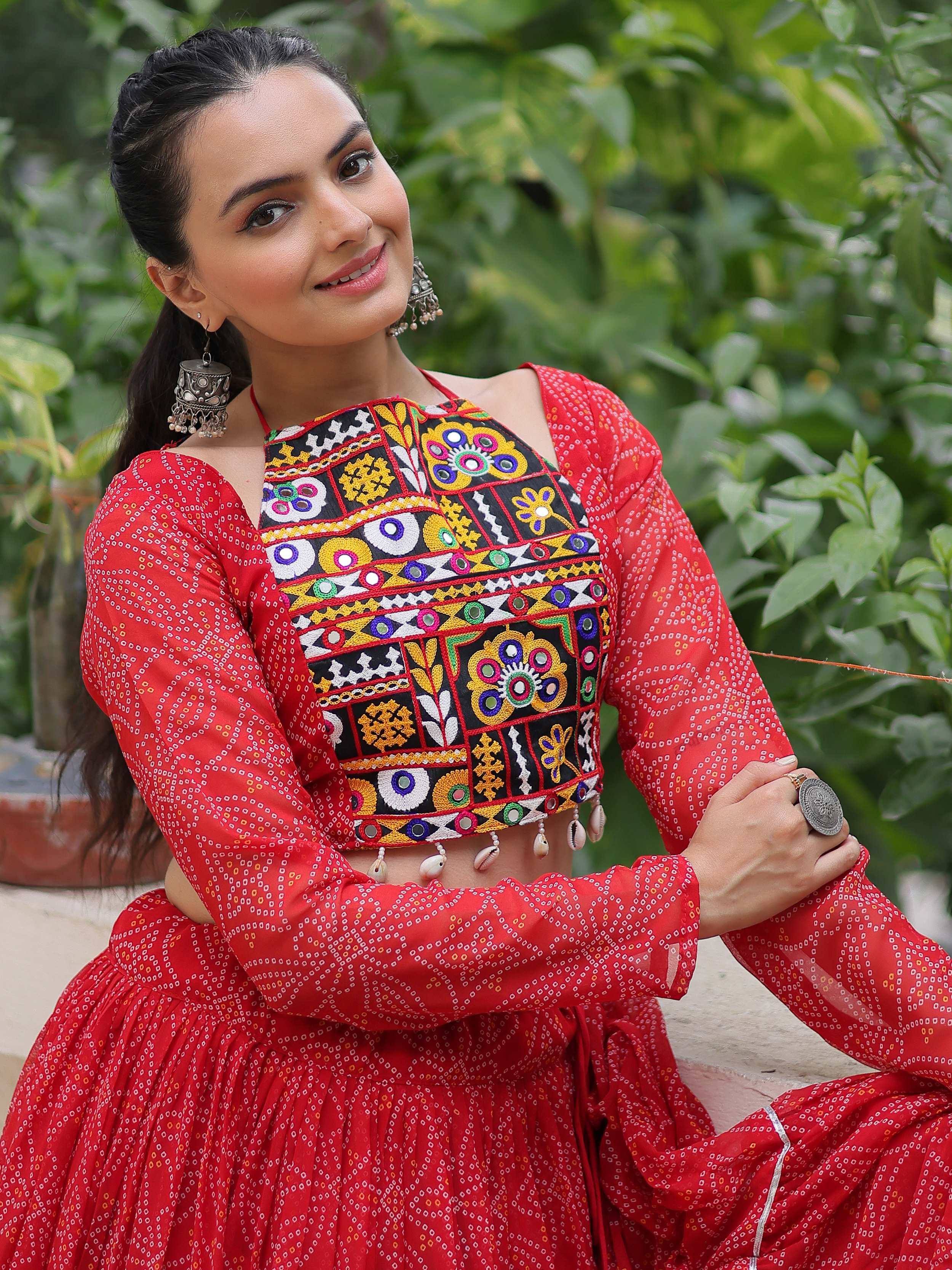 Red ethnic crop top with mirror work and printed skirt, perfect for Indian festive wear