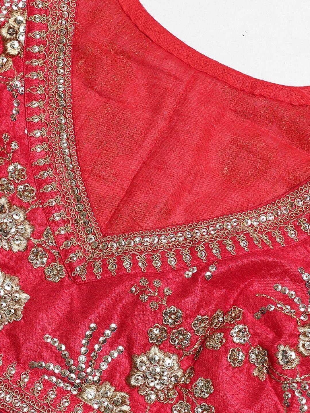 Red ethnic blouse with gold floral embroidery and sequin detailing for Indian wear