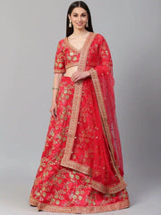 Red & Golden Semi-Stitched Myntra Lehenga & Unstitched Choli with Dupatta
