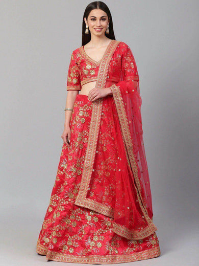 Red & Golden Semi-Stitched Myntra Lehenga & Unstitched Choli with Dupatta
