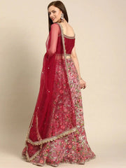 Pink & Red Embroidered Semi-Stitched Myntra Lehenga & Blouse with Dupatta