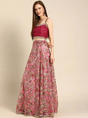Pink & Red Embroidered Semi-Stitched Myntra Lehenga & Blouse with Dupatta