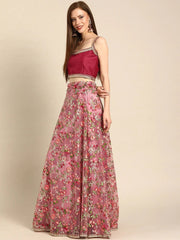 Pink & Red Embroidered Semi-Stitched Myntra Lehenga & Blouse with Dupatta