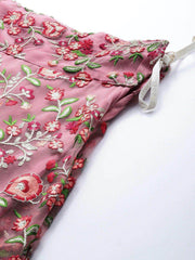 Pink & Red Embroidered Semi-Stitched Myntra Lehenga & Blouse with Dupatta