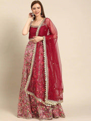Pink & Red Embroidered Semi-Stitched Myntra Lehenga & Blouse with Dupatta
