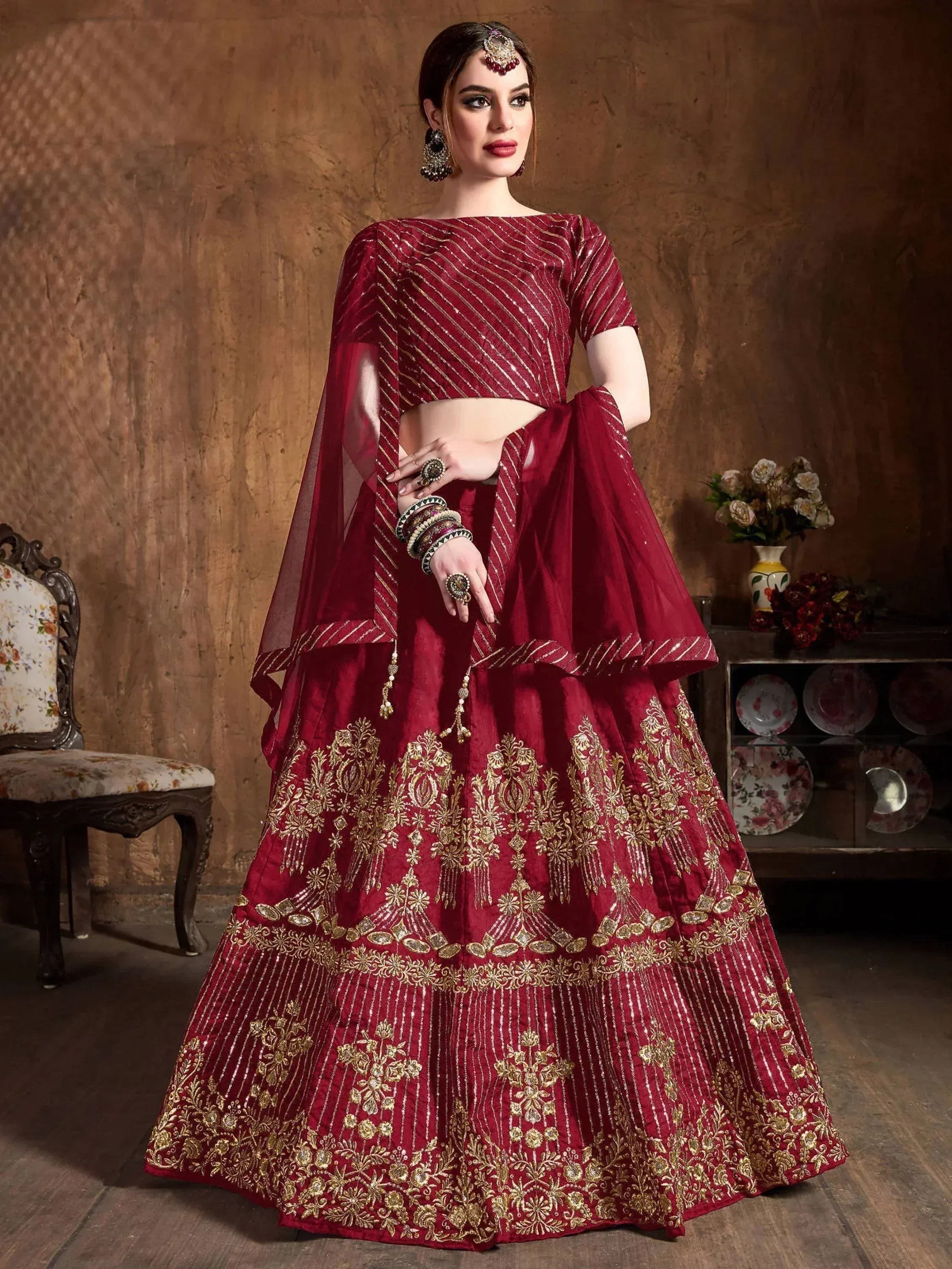 Red Zari Embroidery Art Silk Bridal Lehenga Choli With Dupatta