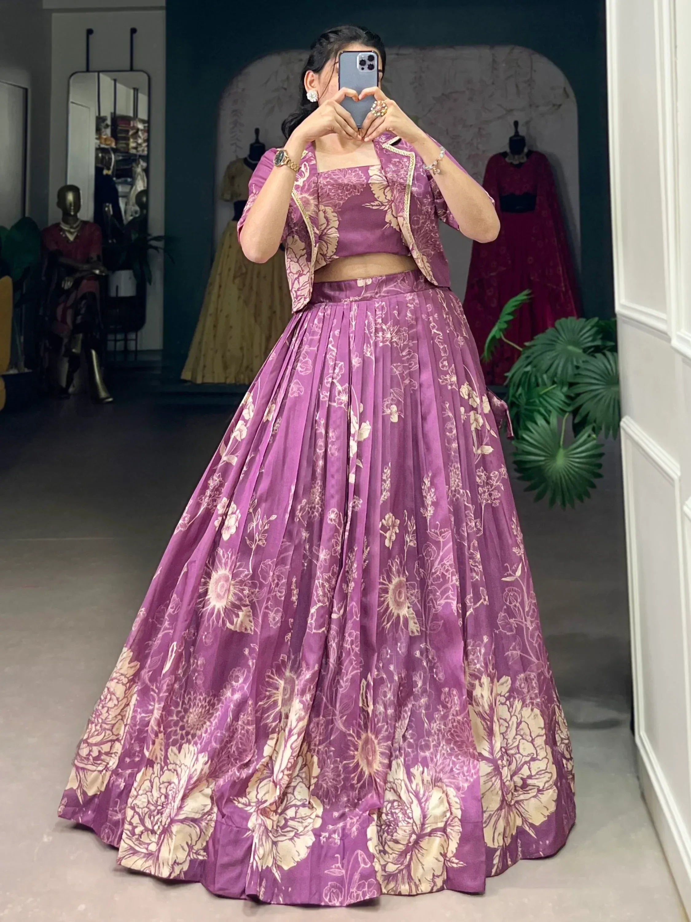 Purple floral lehenga choli with gold print, perfect for Indian ethnic wear and festive occasions.