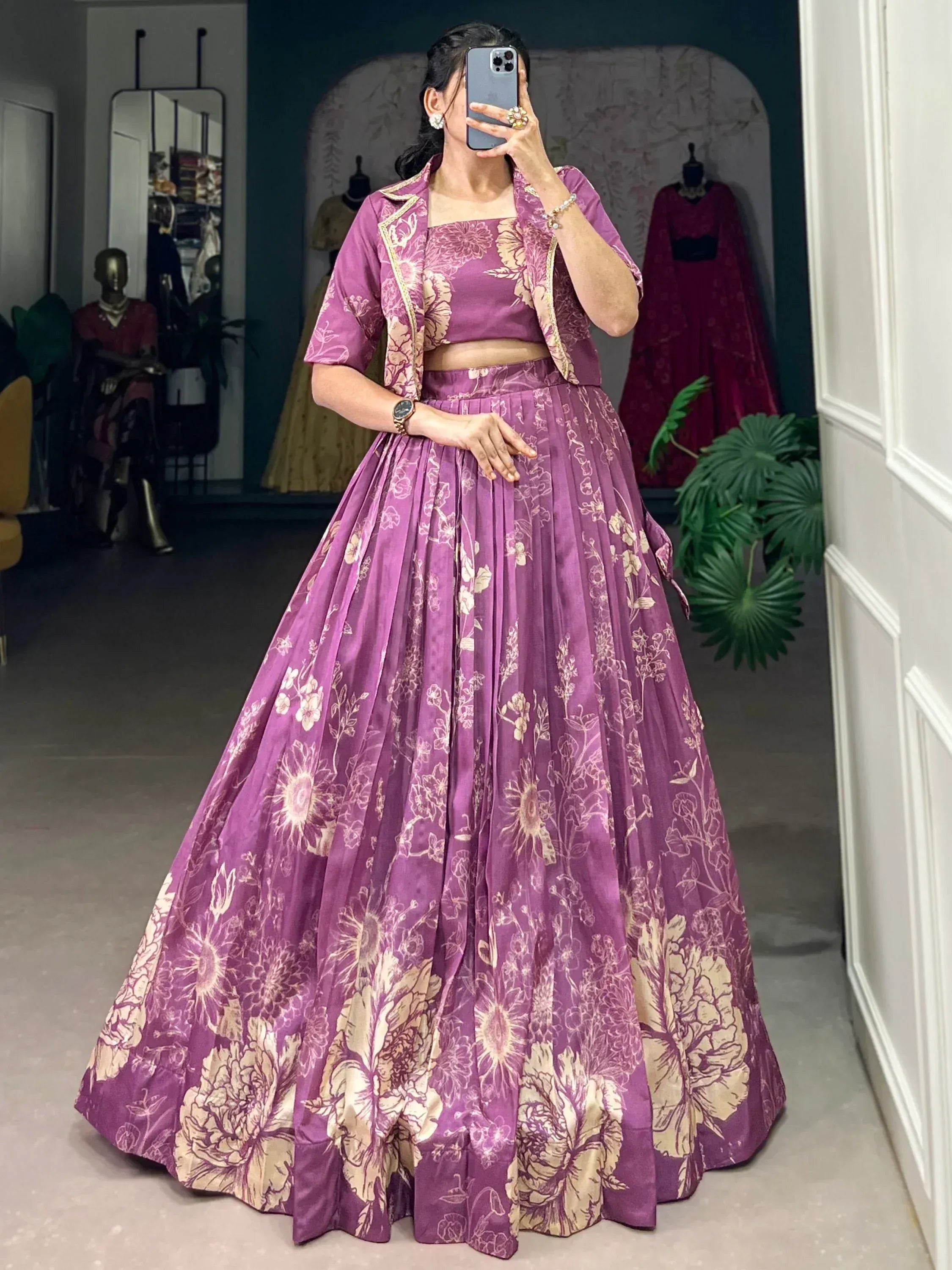 Purple floral lehenga choli with gold print, perfect for Indian ethnic wear occasions