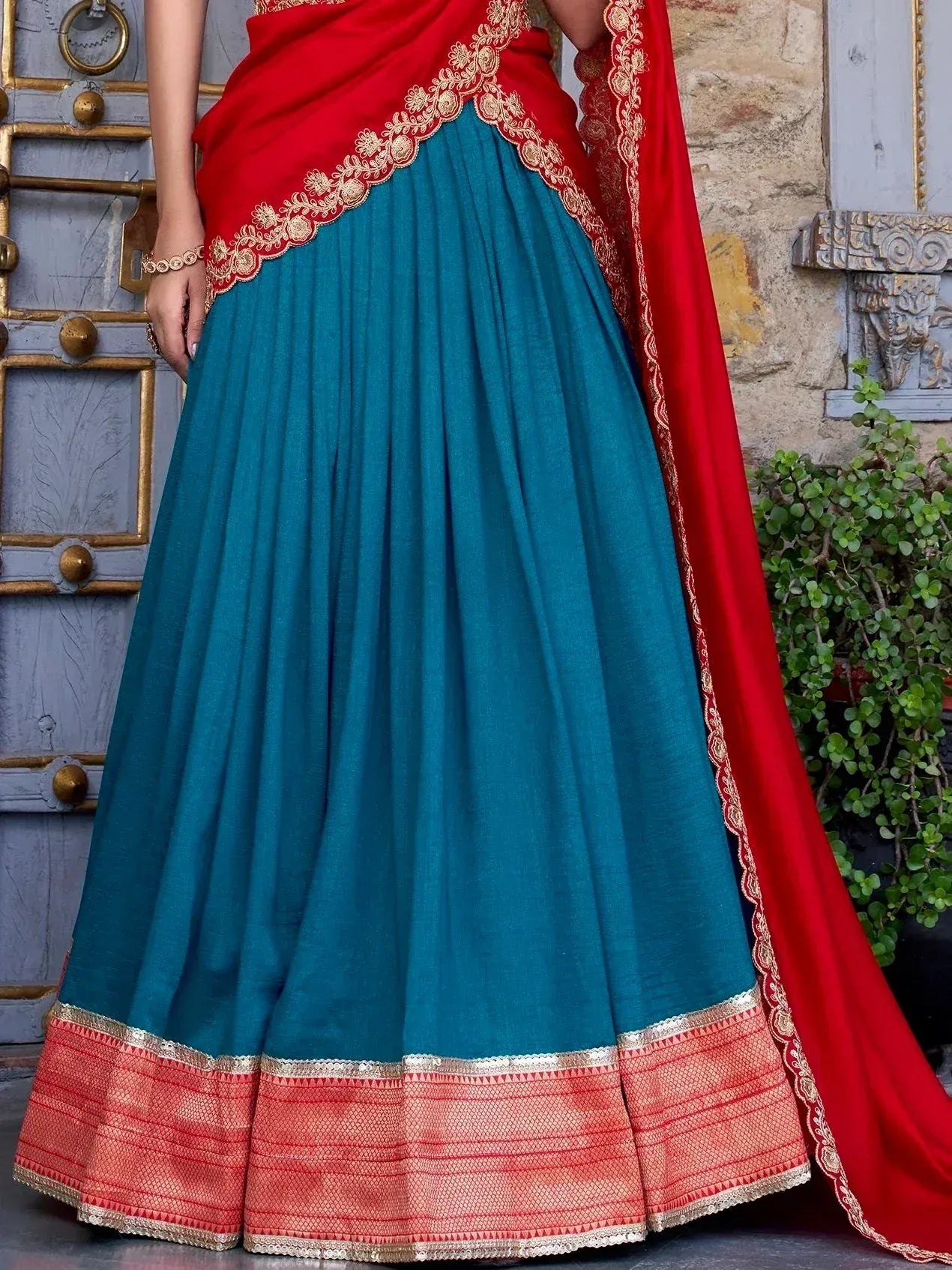 Teal lehenga with red dupatta and gold embroidery, Indian ethnic wear for women