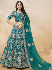 Regal Teal Green Embroidered Silk Lehenga Choli With Dupatta - Ethnic Plus In