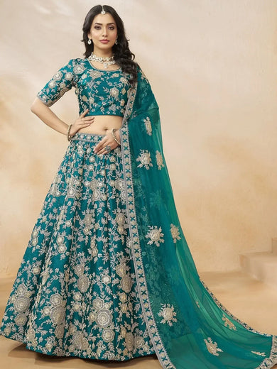 Regal Teal Green Embroidered Silk Lehenga Choli With Dupatta - Ethnic Plus In