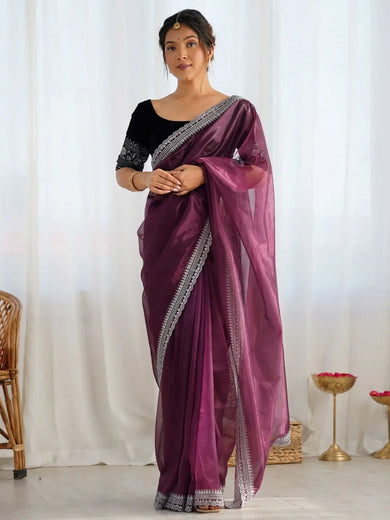 Regal Wine Net Golden Zari Festival Wear Saree With Blouse - Ethnic Plus In