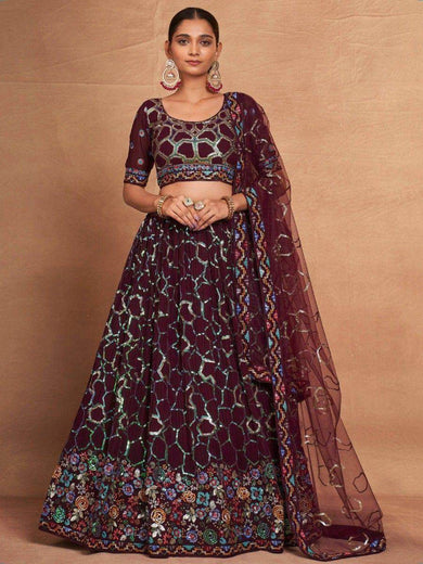 Glamorous Maroon Sequins Georgette Reception Wear Lehenga Choli