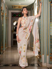 Rich Off White Floral Printed Office Wear Saree With Blouse - Ethnic Plus In