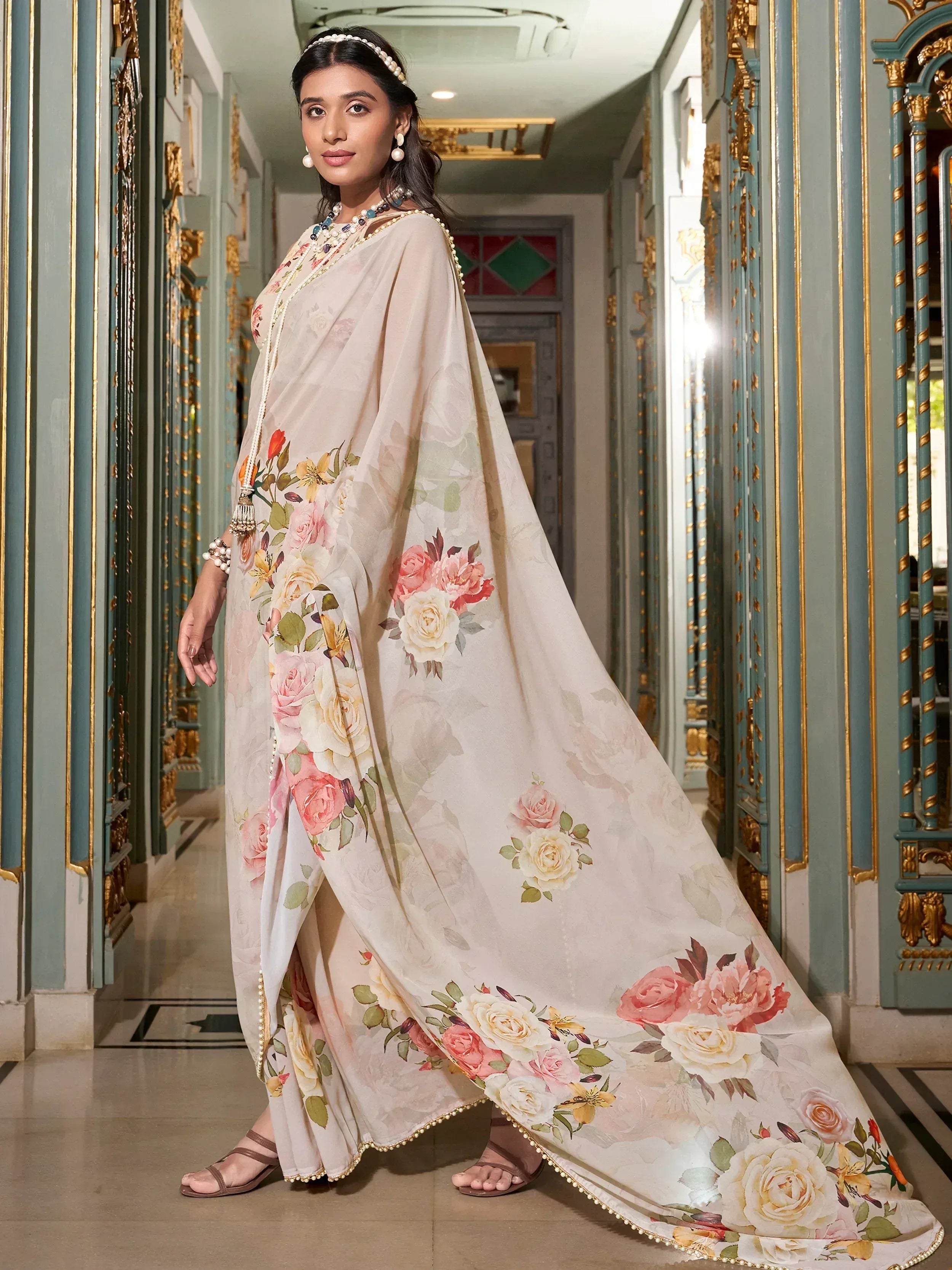 Floral print ethnic gown with pearl trim, perfect for Indian occasions and festive wear