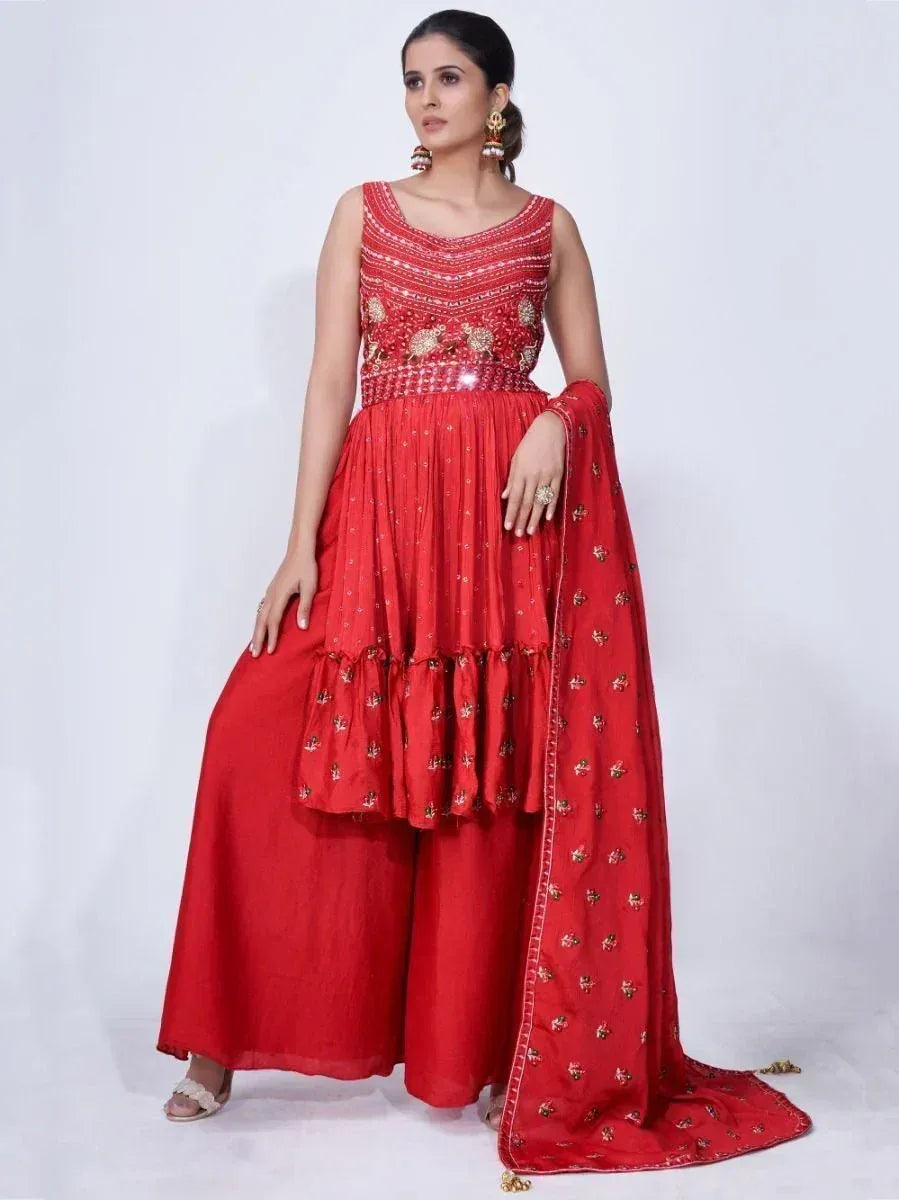 Red embroidered ethnic gown with palazzo pants and dupatta, perfect for Indian festive occasions