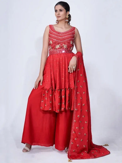 Phenomenal Red Thread Embroidered Chiffon Ready-Made Palazzo Suit