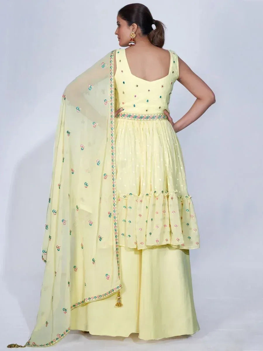 Yellow embroidered anarkali suit with floral dupatta, ethnic Indian wear for women