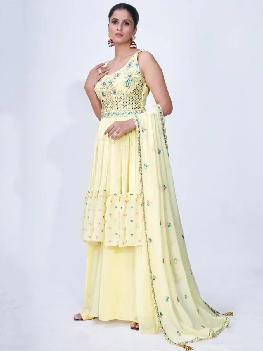 Yellow embroidered anarkali suit with dupatta, Indian ethnic wear for women