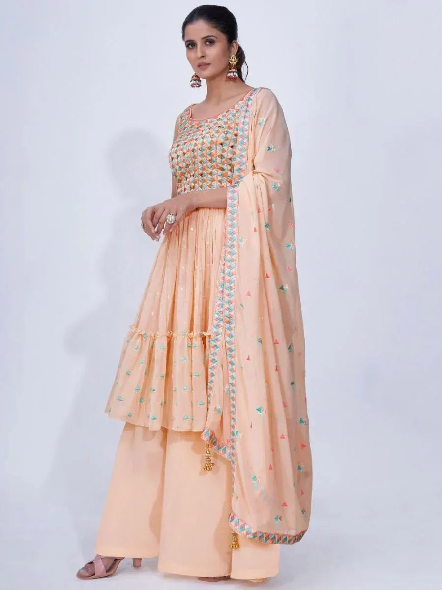 Peach embroidered anarkali suit with palazzo pants and dupatta, ethnic Indian wear for women