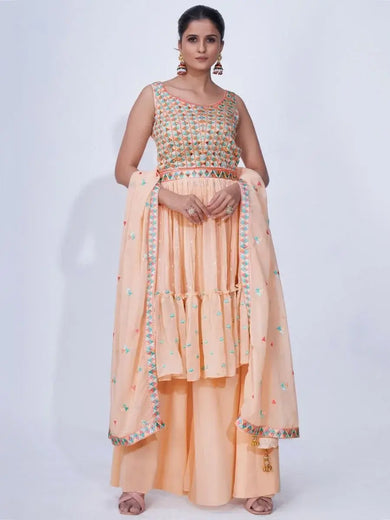 Graceful Peach Thread Embroidery Chiffon Ready-Made Palazzo Suit