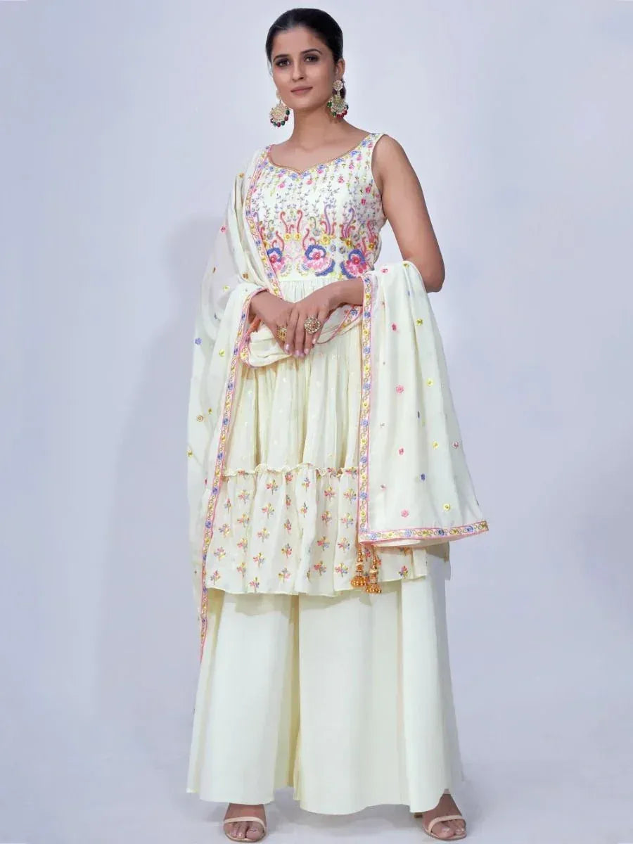 Cream floral embroidered salwar kameez with palazzo pants and dupatta, perfect for Indian ethnic occasions
