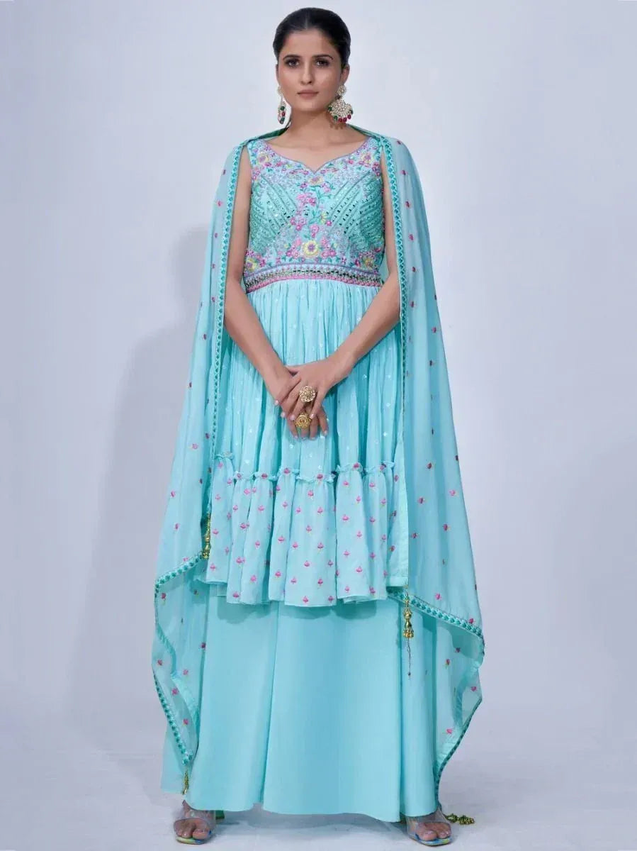 Light blue embroidered anarkali suit with dupatta, floral detailing, and tiered skirt for ethnic occasions