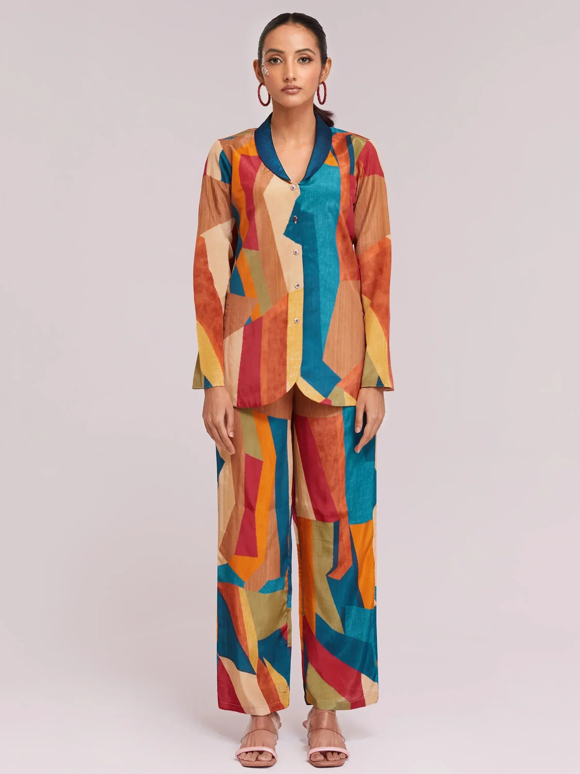 Colorful geometric print ethnic pajama set with button-front top and wide-leg pants