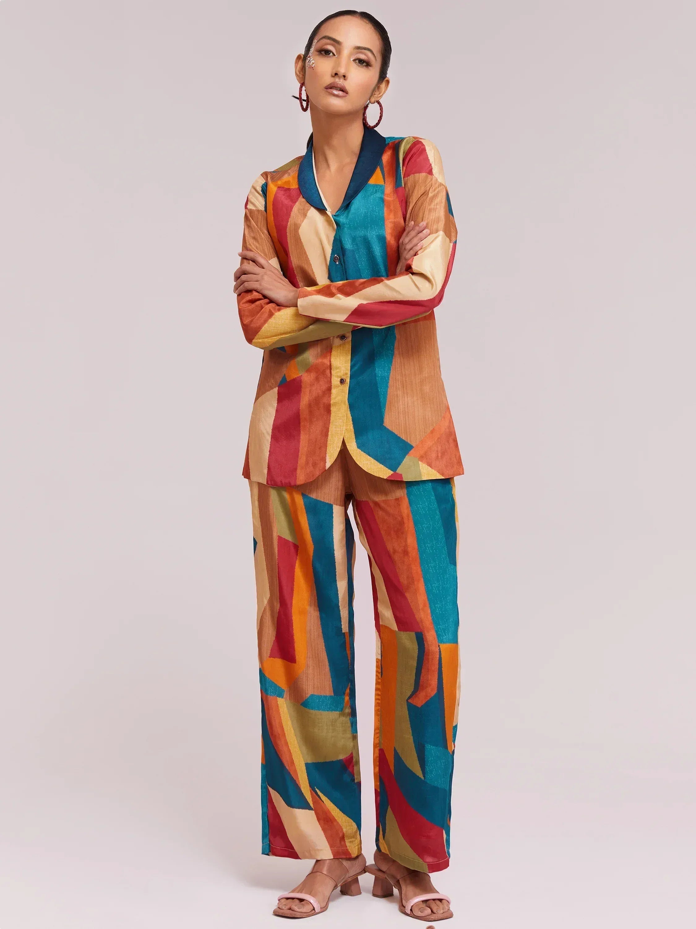 Colorful geometric print ethnic palazzo suit with matching jacket for women