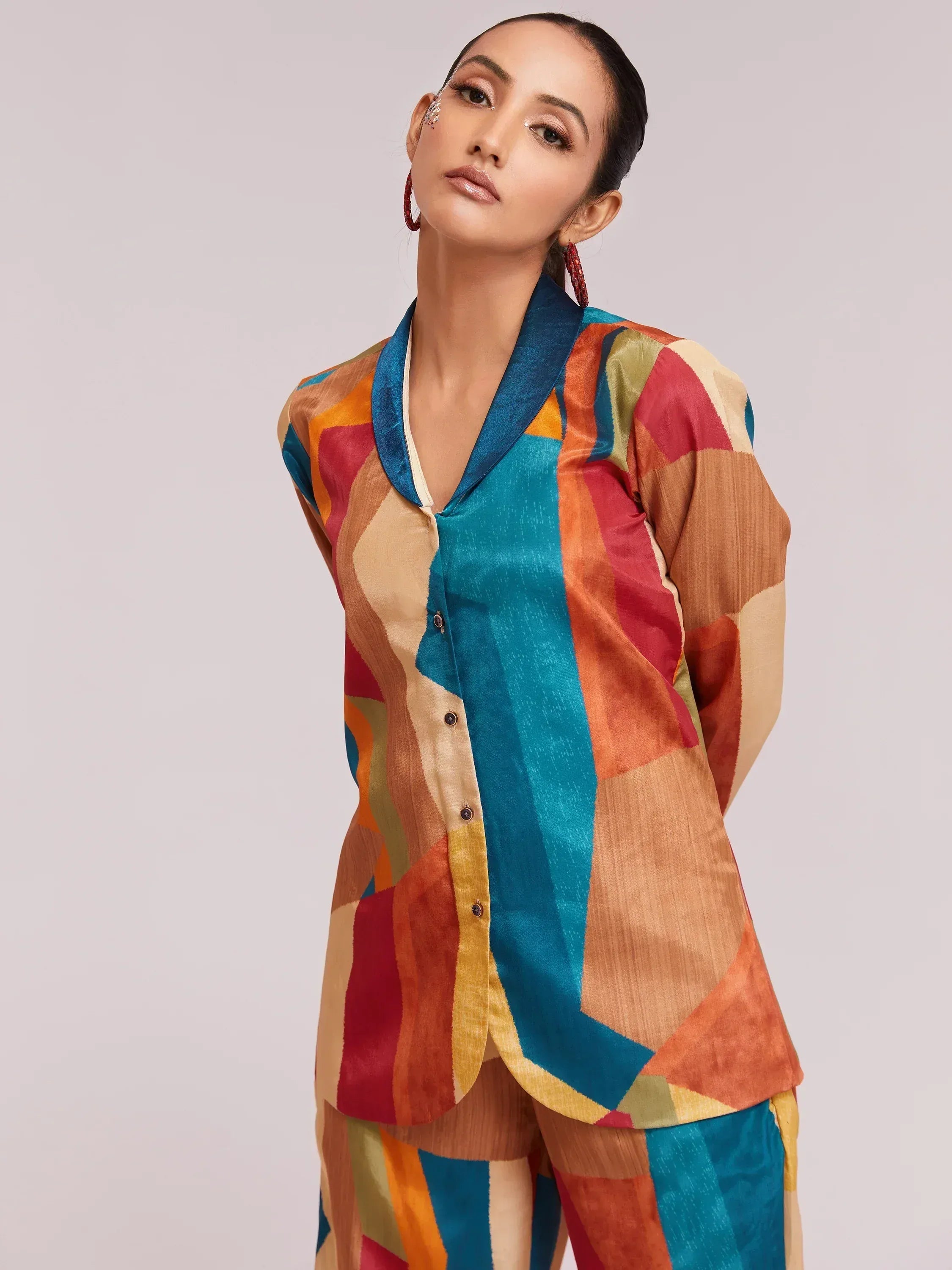 Colorful geometric print ethnic kurta with blue collar, stylish Indian wear for women
