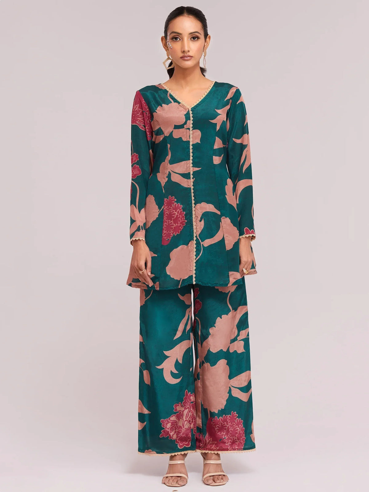 Teal floral print ethnic kurta with palazzo pants, designer Indian wear for women