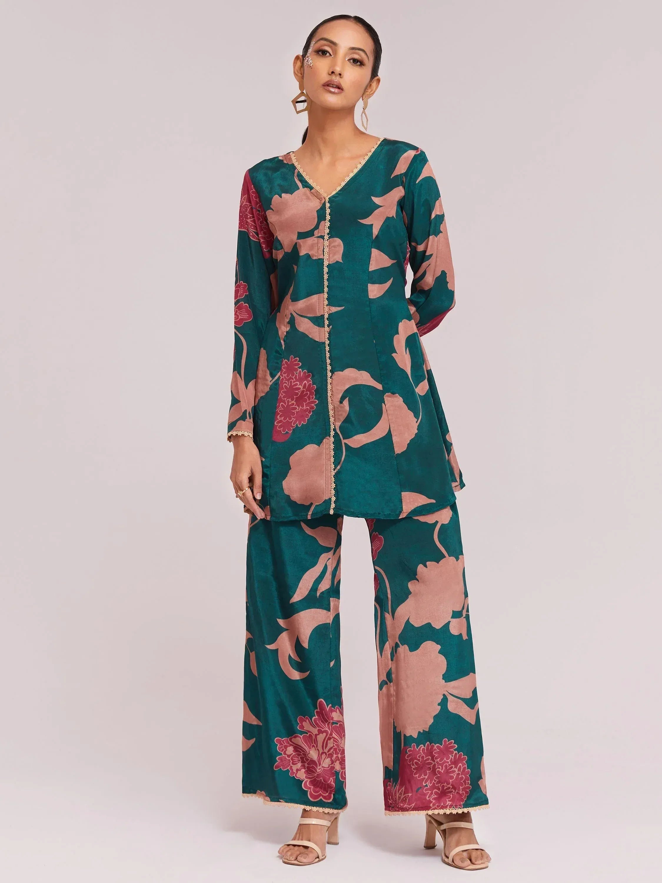 Teal floral print ethnic kurta set with palazzo pants, perfect for Indian wear occasions