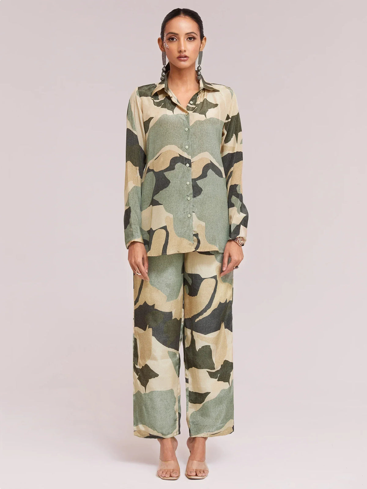 Camouflage print salwar kameez set with button-down top and wide-leg pants, ethnic wear for women