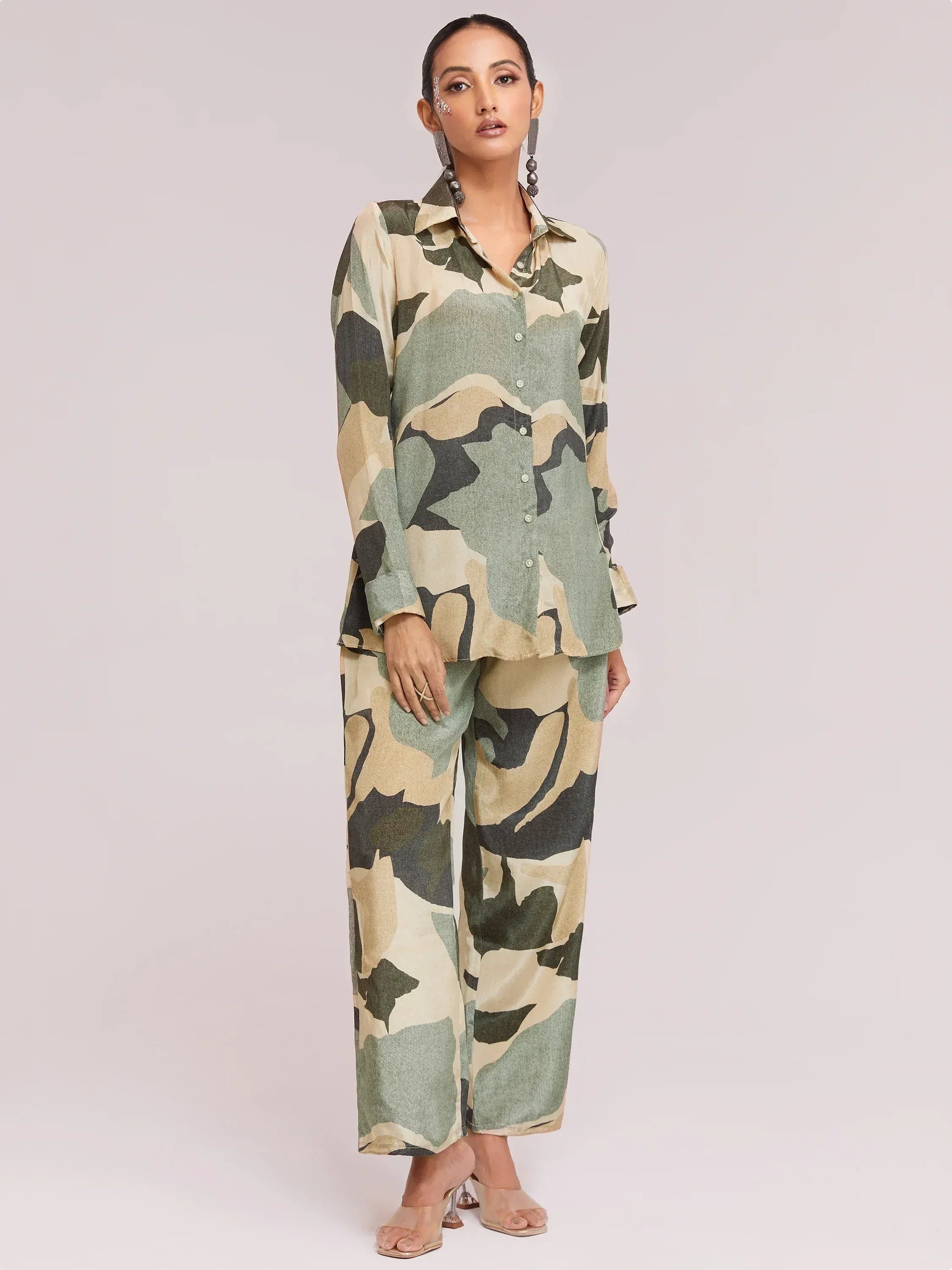 Camouflage print ethnic co-ord set with button-down shirt and wide-leg pants for women