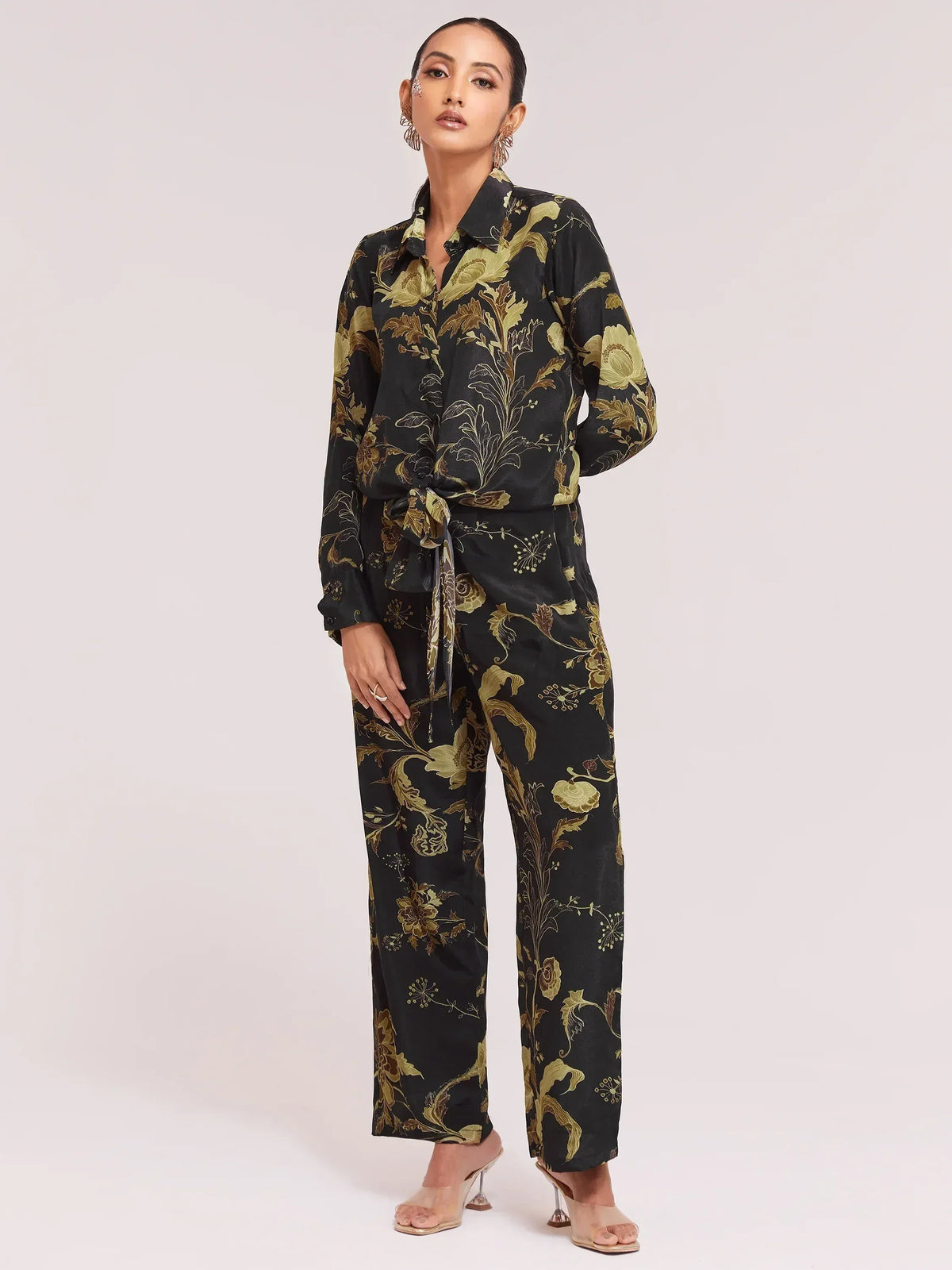 Black and gold floral print ethnic pantsuit with tie waist, stylish Indian wear for women